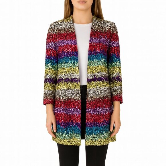 Alice + Olivia Linda Sequin Striped Open Jacket Coat - Picture 1 of 14
